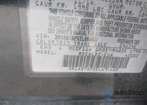 2014 Nissan Sentra Sv z USA, uszkodzony, nr VIN 3N1AB7APXEL694602